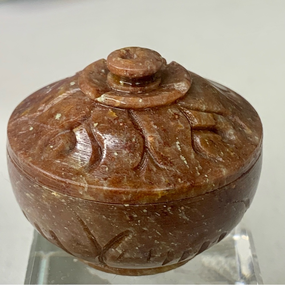 Brown Soapstone Hand Carved Lidded Trinket Box Miniature Round Dome Lid 1.6" VTG - Picture 6 of 16